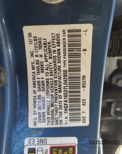 2007 Honda Civic Lx из США, поврежденный, VIN 1HGFA16537L042950